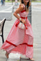 Stripe Bow Knot Strap Contrast Trim Ruffle Maxi Dress