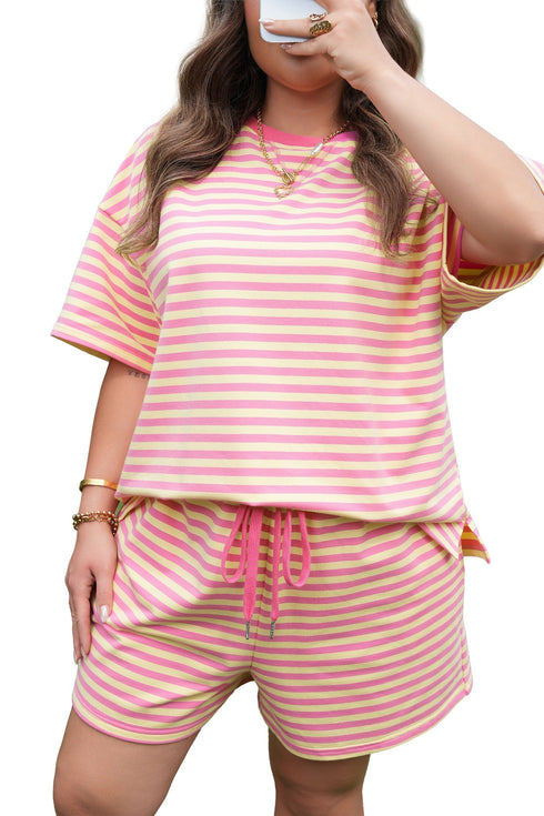 Stripe Boxy Tee Drawstring Elastic Waist Loungewear