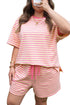 Stripe Boxy Tee Drawstring Elastic Waist Loungewear