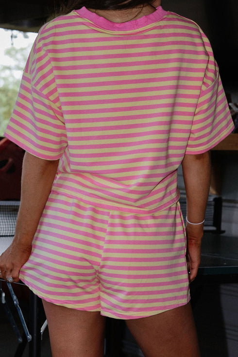 Stripe Boxy Tee Drawstring Elastic Waist Loungewear