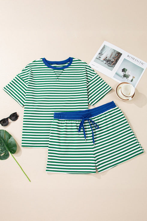 Stripe Boxy Tee Drawstring Elastic Waist Loungewear