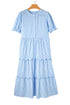 Stripe Bubble Short Sleeve Tiered Scallop Long Dress