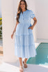 Stripe Bubble Short Sleeve Tiered Scallop Long Dress
