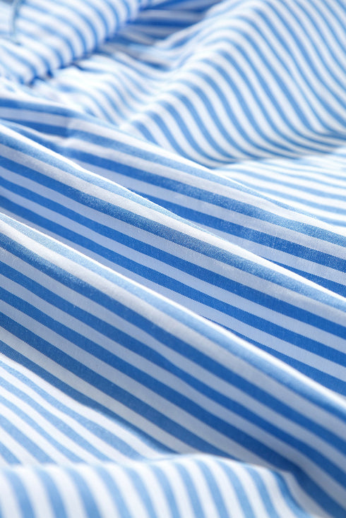 Stripe Bubble Short Sleeve Tiered Scallop Long Dress