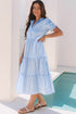 Stripe Bubble Short Sleeve Tiered Scallop Long Dress