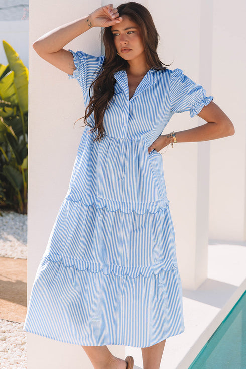 Stripe Bubble Short Sleeve Tiered Scallop Long Dress