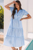 Stripe Bubble Short Sleeve Tiered Scallop Long Dress