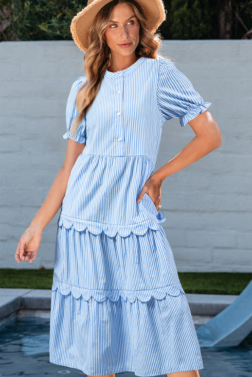 Stripe Bubble Short Sleeve Tiered Scallop Long Dress
