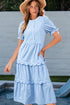 Stripe Bubble Short Sleeve Tiered Scallop Long Dress