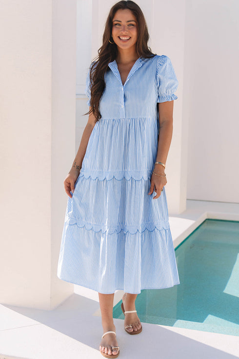 Stripe Bubble Short Sleeve Tiered Scallop Long Dress