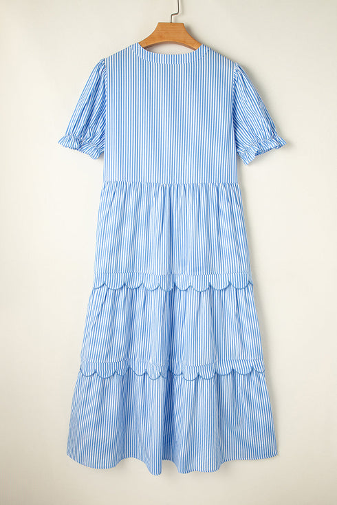 Stripe Bubble Short Sleeve Tiered Scallop Long Dress