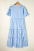 Stripe Bubble Short Sleeve Tiered Scallop Long Dress