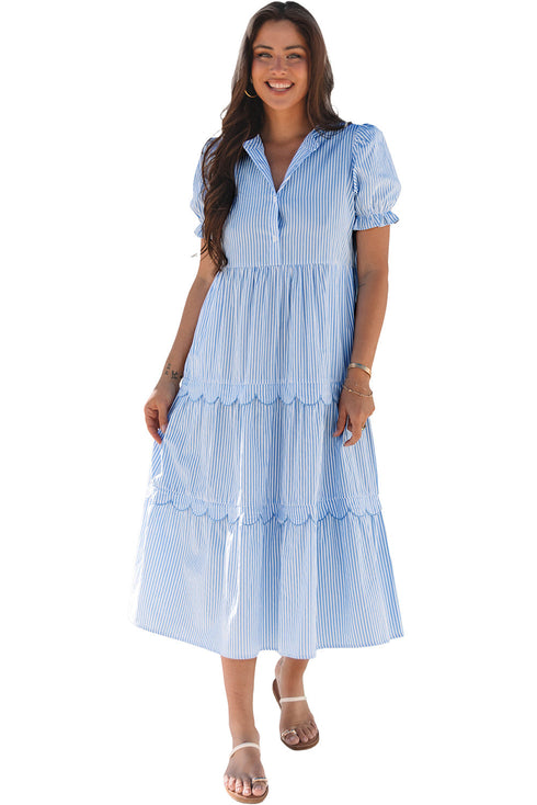 Stripe Bubble Short Sleeve Tiered Scallop Long Dress
