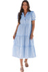 Stripe Bubble Short Sleeve Tiered Scallop Long Dress