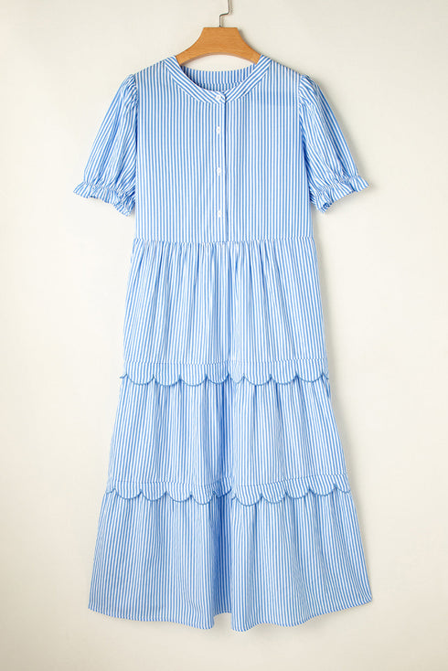 Stripe Bubble Short Sleeve Tiered Scallop Long Dress
