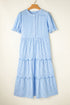 Stripe Bubble Short Sleeve Tiered Scallop Long Dress