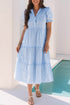 Stripe Bubble Short Sleeve Tiered Scallop Long Dress