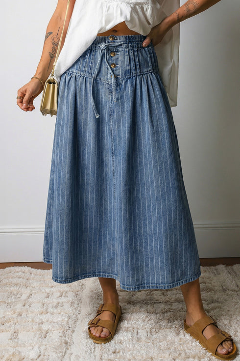 Stripe Button Pintuck High Waist Drawstring Denim Midi Skirt