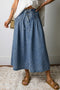 Stripe Button Pintuck High Waist Drawstring Denim Midi Skirt