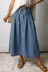 Stripe Button Pintuck High Waist Drawstring Denim Midi Skirt
