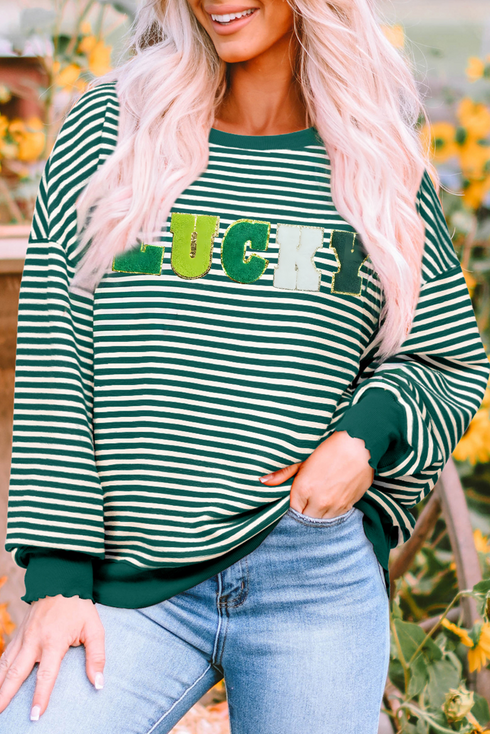 Stripe Chenille Patch Lucky Graphic Long Sleeve Tee