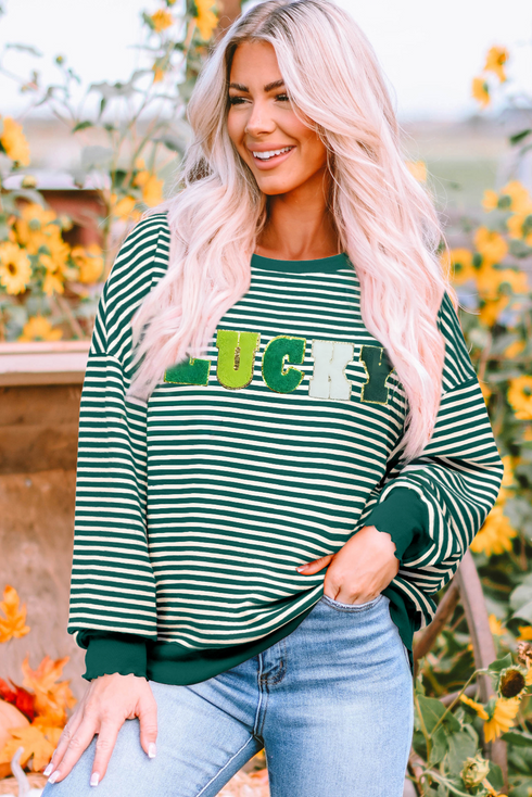 Stripe Chenille Patch Lucky Graphic Long Sleeve Tee