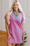 Stripe Colla V Neck Puff Sleeve T Shirt Dress