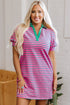 Stripe Colla V Neck Puff Sleeve T Shirt Dress