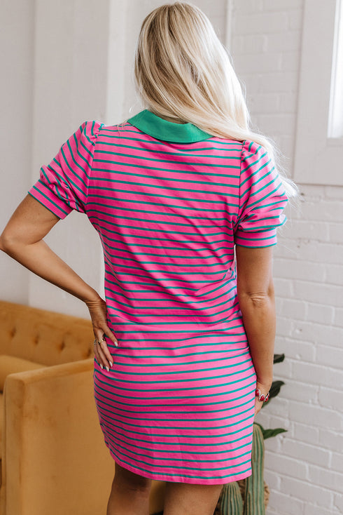 Stripe Colla V Neck Puff Sleeve T Shirt Dress