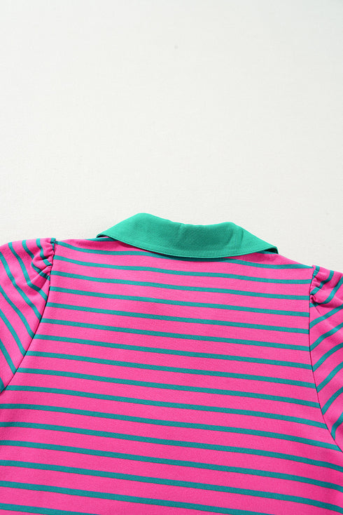 Stripe Colla V Neck Puff Sleeve T Shirt Dress