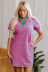 Stripe Colla V Neck Puff Sleeve T Shirt Dress