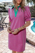 Stripe Colla V Neck Puff Sleeve T Shirt Dress