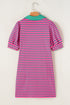 Stripe Colla V Neck Puff Sleeve T Shirt Dress