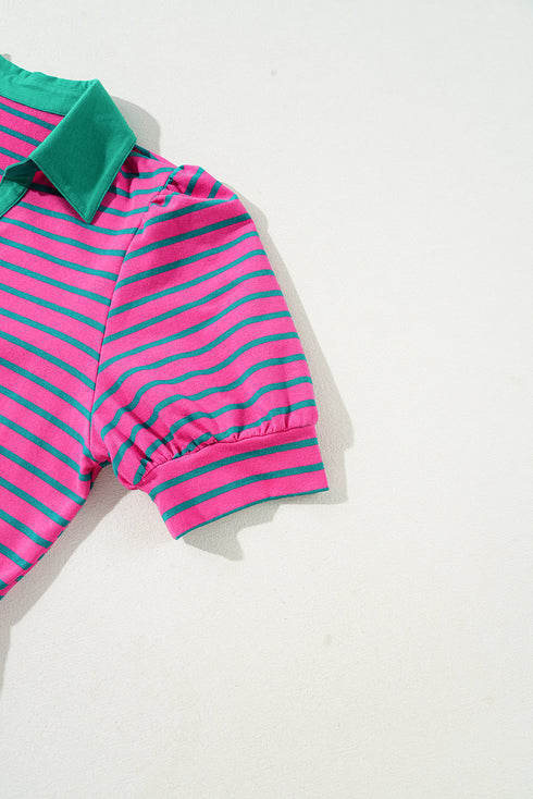 Stripe Colla V Neck Puff Sleeve T Shirt Dress