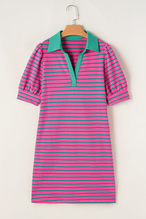 Stripe Colla V Neck Puff Sleeve T Shirt Dress