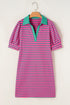 Stripe Colla V Neck Puff Sleeve T Shirt Dress