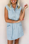 Stripe Collared Button Front Sleeveless Denim Mini Dress