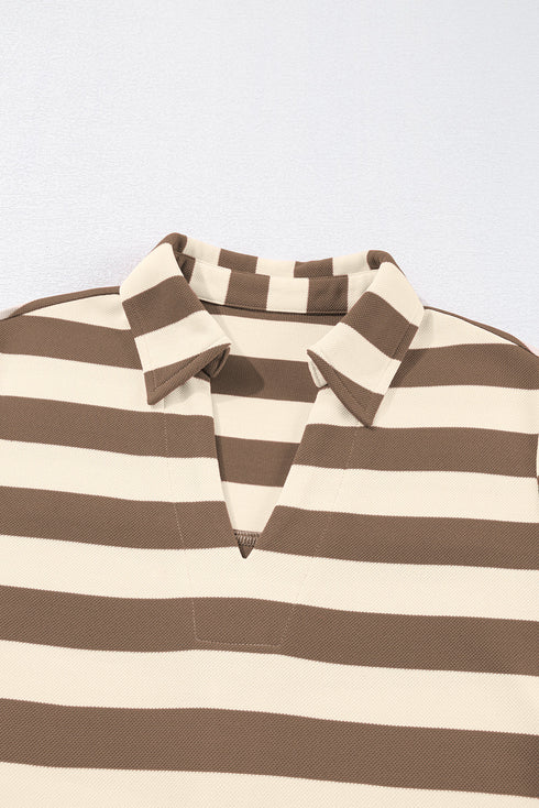 Stripe Collared V Neck Long Sleeve Loose Casual Dress