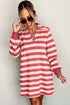 Stripe Collared V Neck Long Sleeve Loose Casual Dress