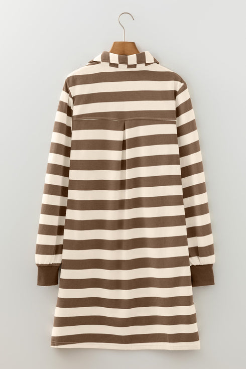 Stripe Collared V Neck Long Sleeve Loose Casual Dress