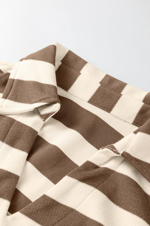 Stripe Collared V Neck Long Sleeve Loose Casual Dress