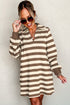Stripe Collared V Neck Long Sleeve Loose Casual Dress