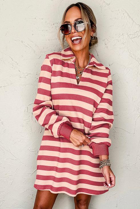 Stripe Collared V Neck Long Sleeve Loose Casual Dress