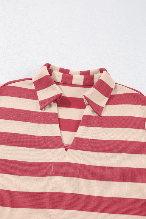 Stripe Collared V Neck Long Sleeve Loose Casual Dress