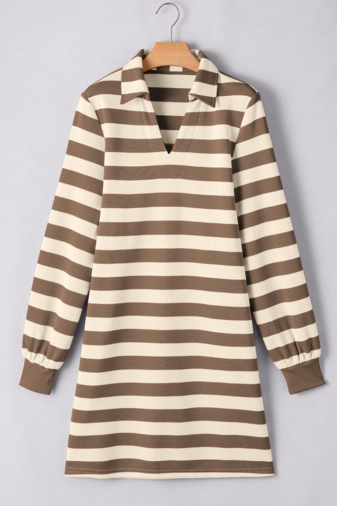 Stripe Collared V Neck Long Sleeve Loose Casual Dress