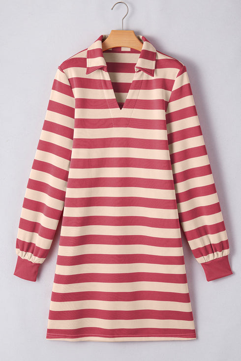 Stripe Collared V Neck Long Sleeve Loose Casual Dress