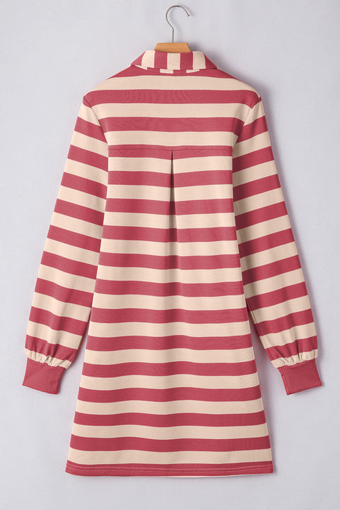 Stripe Collared V Neck Long Sleeve Loose Casual Dress