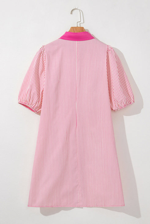 Stripe Color Block Patchwork Shirt Collar Button Down Puff Sleeve Mini Dress