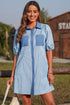 Stripe Color Block Patchwork Shirt Collar Button Down Puff Sleeve Mini Dress
