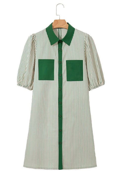 Stripe Color Block Patchwork Shirt Collar Button Down Puff Sleeve Mini Dress